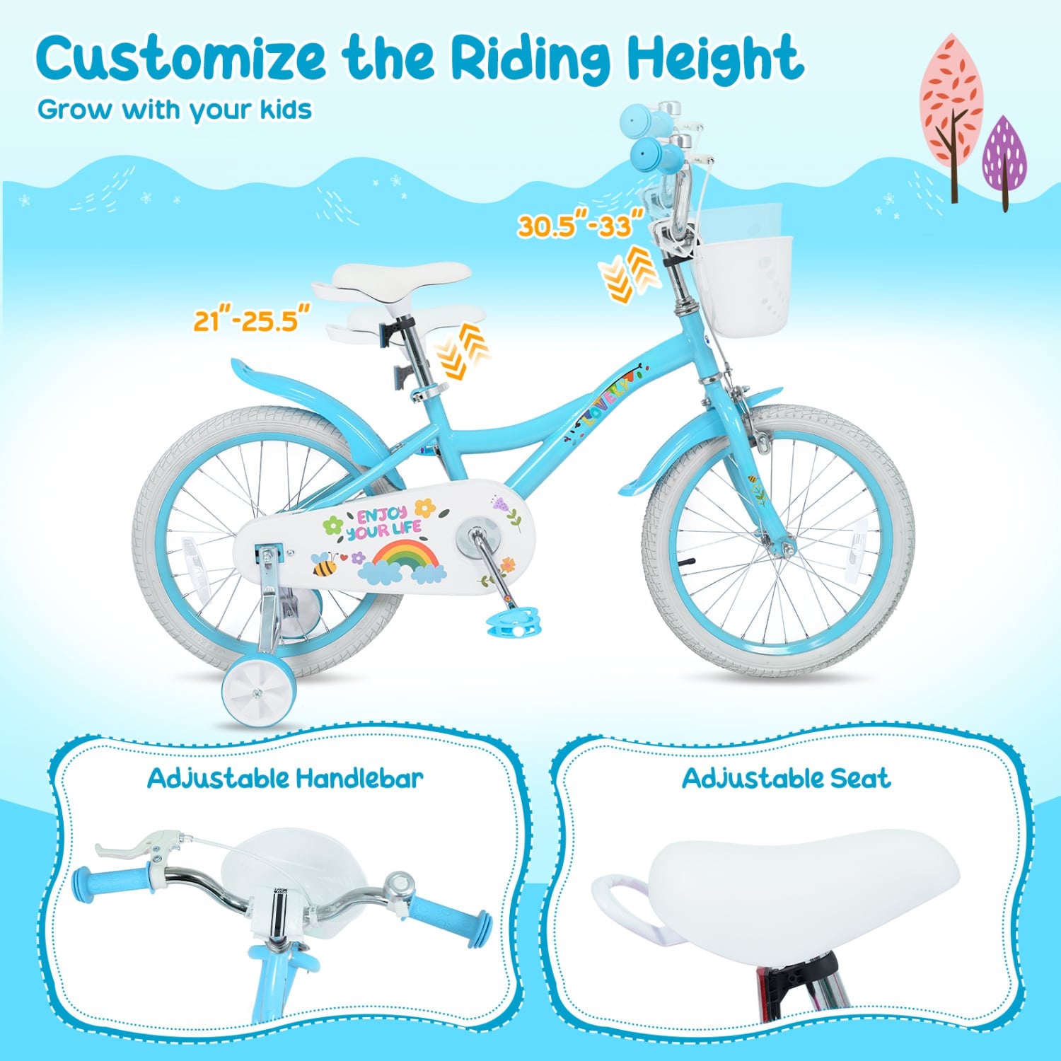 16 Inches Girls Bike for 4-7 Years Old with Training Wheels and Basket Spring Party Blue, Blue Kids Bike at Gallery Canada