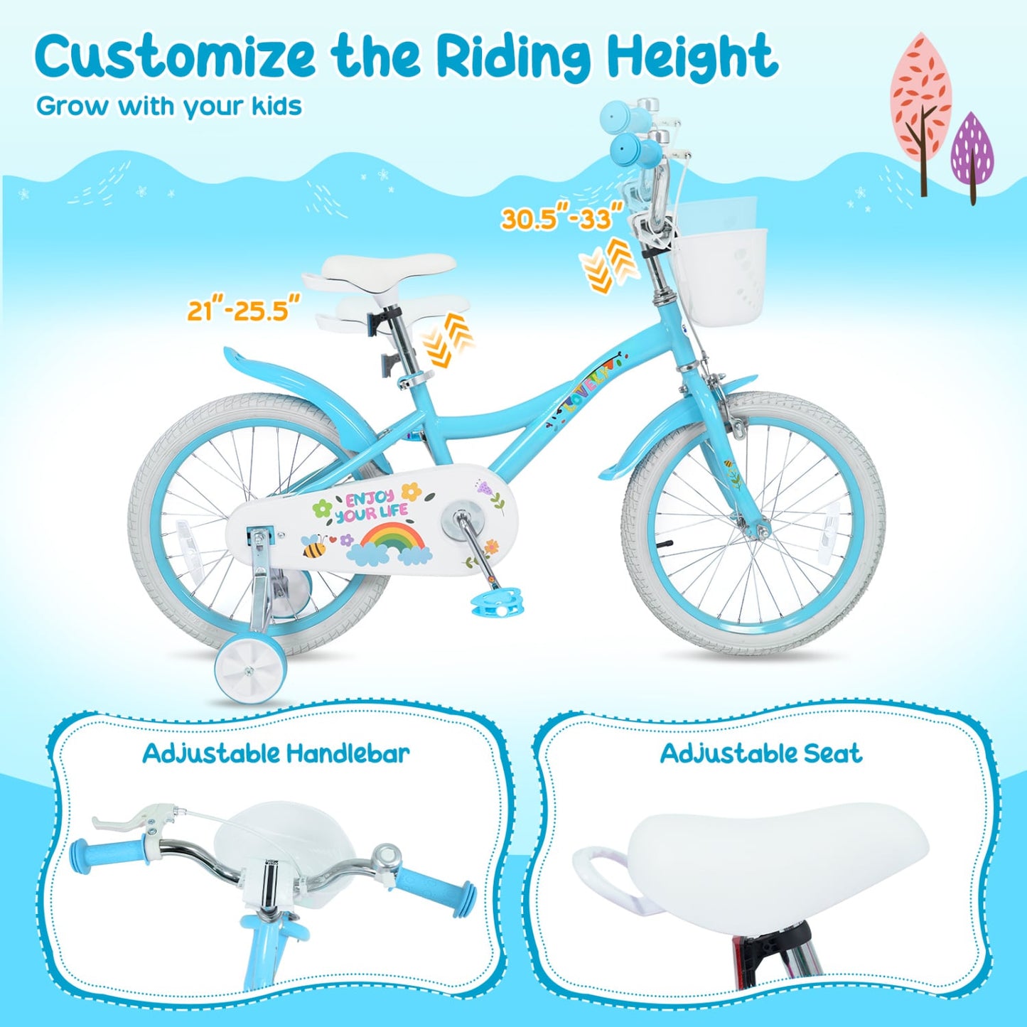 16 Inches Girls Bike for 4-7 Years Old with Training Wheels and Basket Spring Party Blue, Blue Kids Bike at Gallery Canada