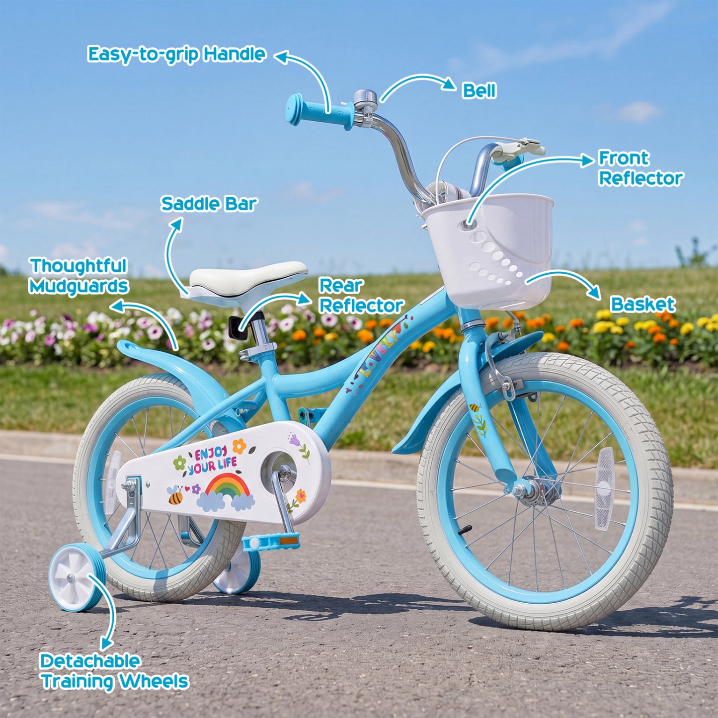 16 Inches Girls Bike for 4-7 Years Old with Training Wheels and Basket Spring Party Blue, Blue Kids Bike at Gallery Canada