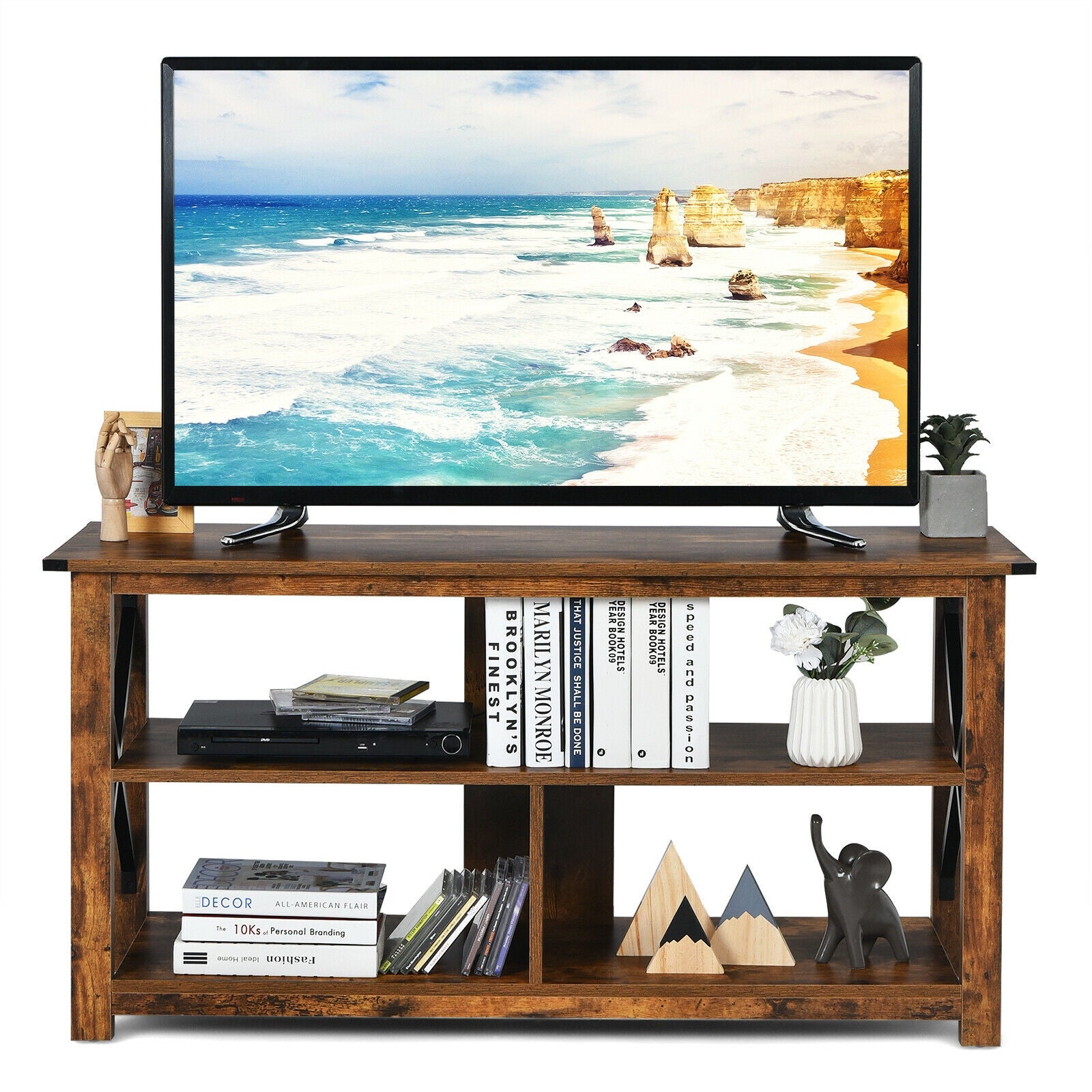 Modern Farmhouse TV Stand, 55-Inch, Open Shelves, Brown Entertainment Centers & TV Stands at Gallery Canada