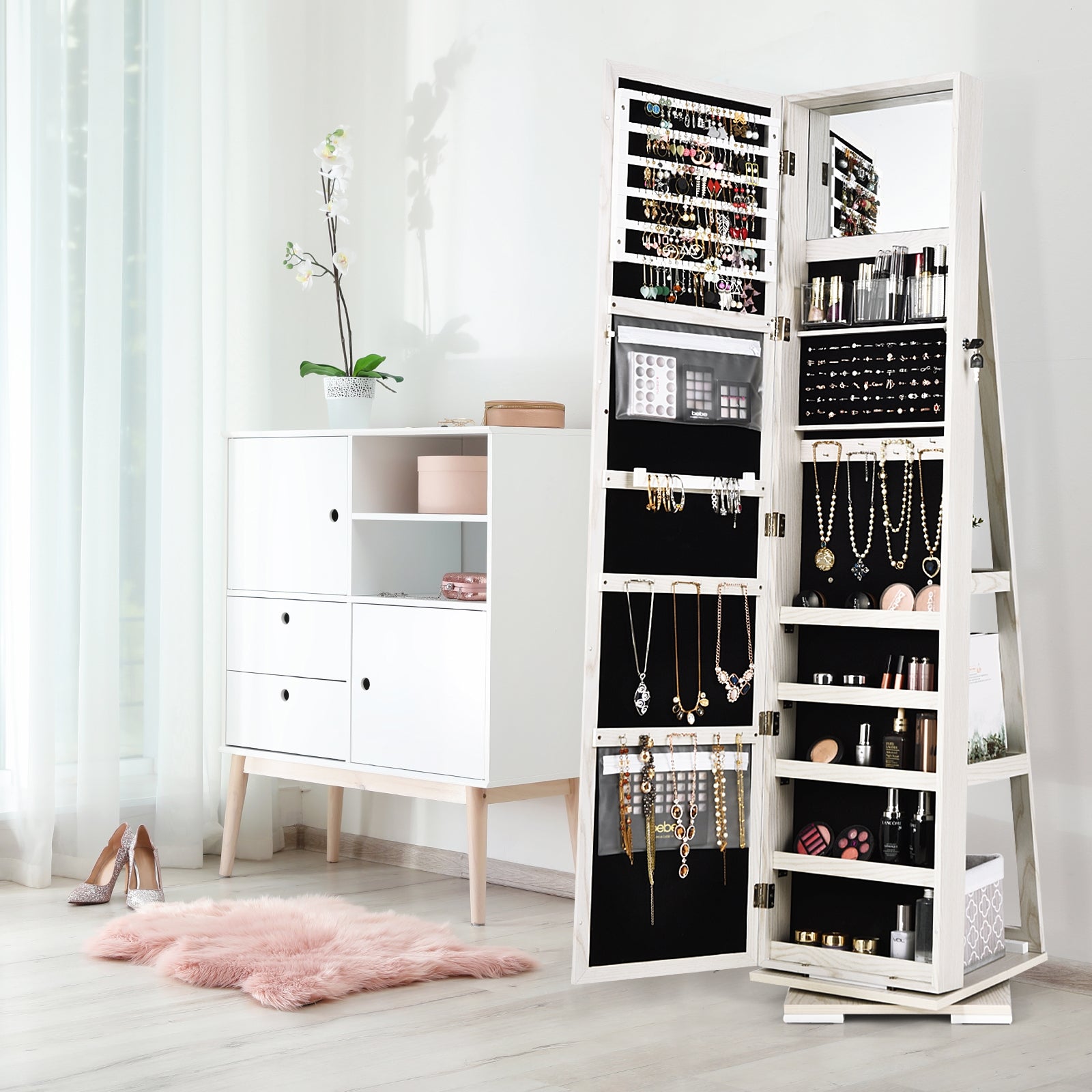 Rotatable 2-in-1 Lockable Jewelry Cabinet, Full-Length Mirror, White Jewelry Armoires at Gallery Canada