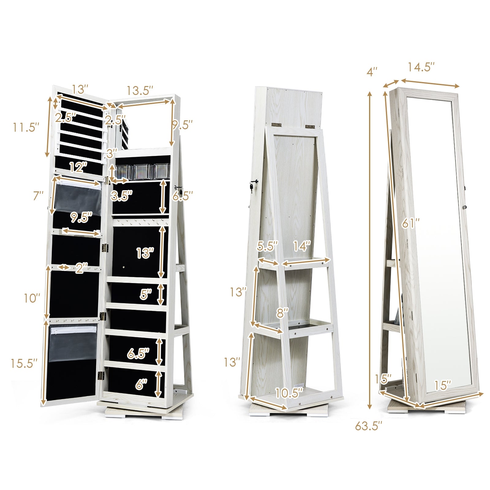 Rotatable 2-in-1 Lockable Jewelry Cabinet, Full-Length Mirror, White Jewelry Armoires at Gallery Canada