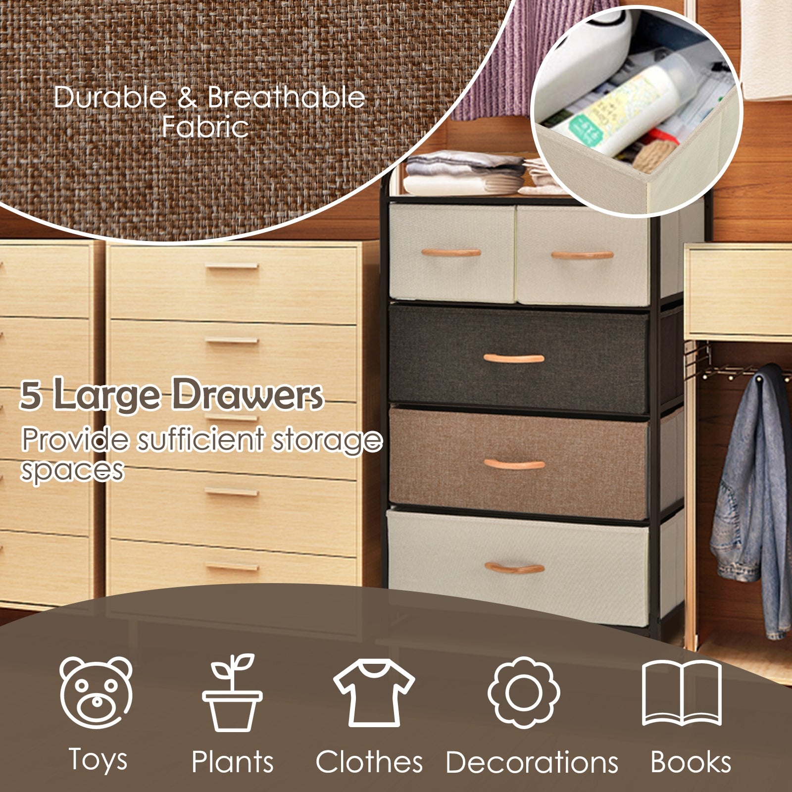4-Tier Organizer Tower, Steel Frame, Wooden Top, 5-Drawer Dresser, Multicolor Dressers & Chests at Gallery Canada