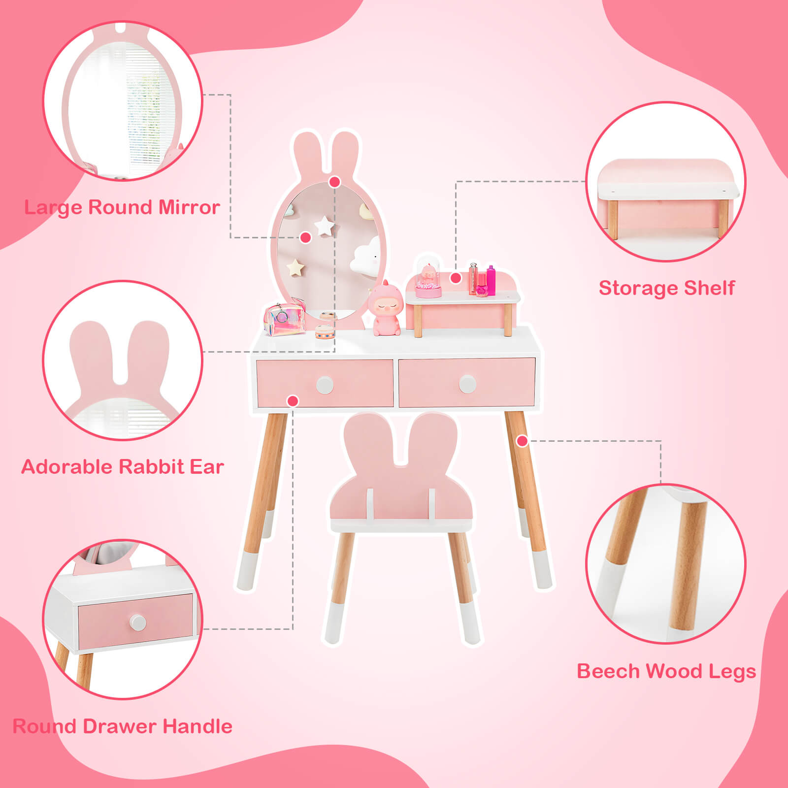 Kids Vanity Table and Chair Set with Drawer Shelf and Rabbit Mirror, Pink Kids Vanities at Gallery Canada