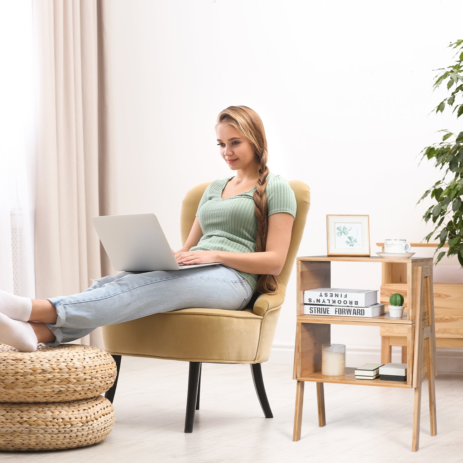 Bamboo Nightstand Sofa Table With Storage Shelf, Natural End & Side Tables at Gallery Canada