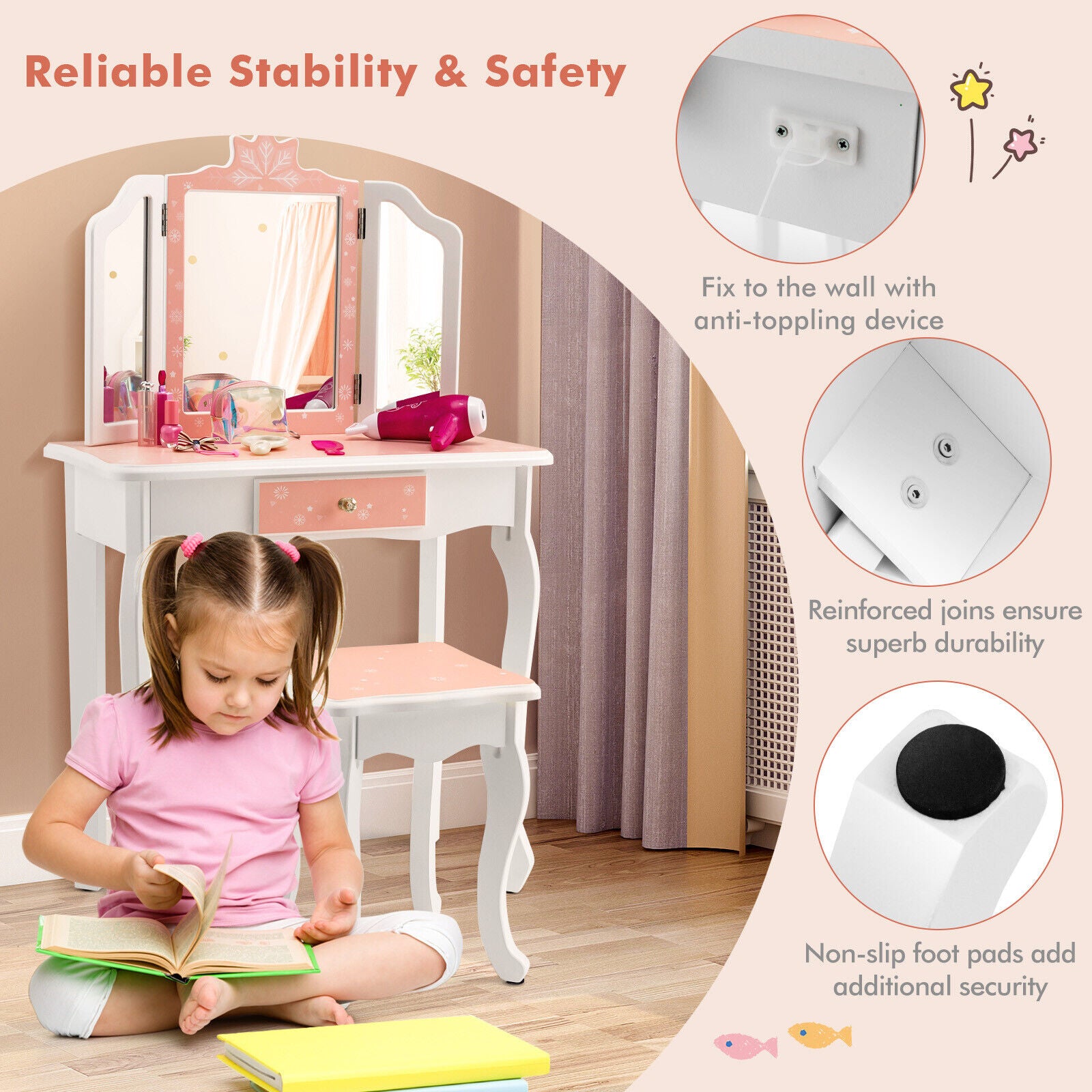 Princess Vanity Table, Chair Set, Tri-Folding Mirror, Pink Kids Vanities at Gallery Canada