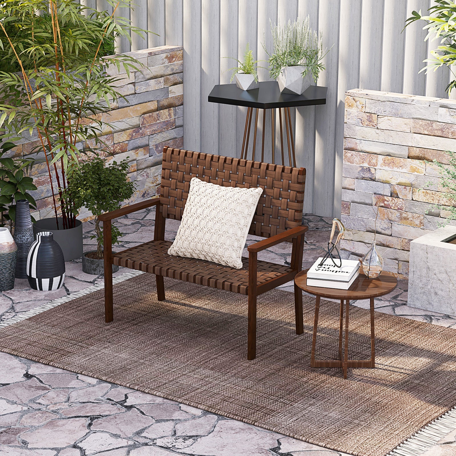 Outdoor All Weather Bench, Solid Rubber Wood Frame, Hand Woven PU Leather, Brown Outdoor Benches at Gallery Canada