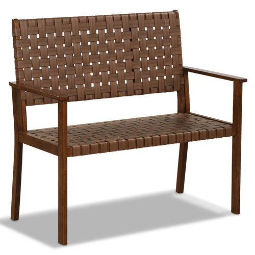 Outdoor All Weather Bench, Solid Rubber Wood Frame, Hand Woven PU Leather, Brown