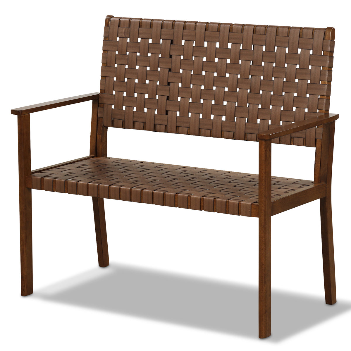 Outdoor All Weather Bench, Solid Rubber Wood Frame, Hand Woven PU Leather, Brown Outdoor Benches at Gallery Canada