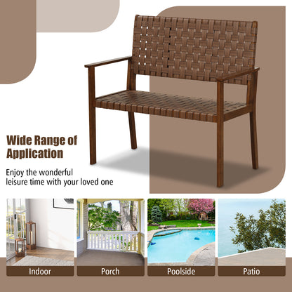 Outdoor All Weather Bench, Solid Rubber Wood Frame, Hand Woven PU Leather, Brown Outdoor Benches at Gallery Canada