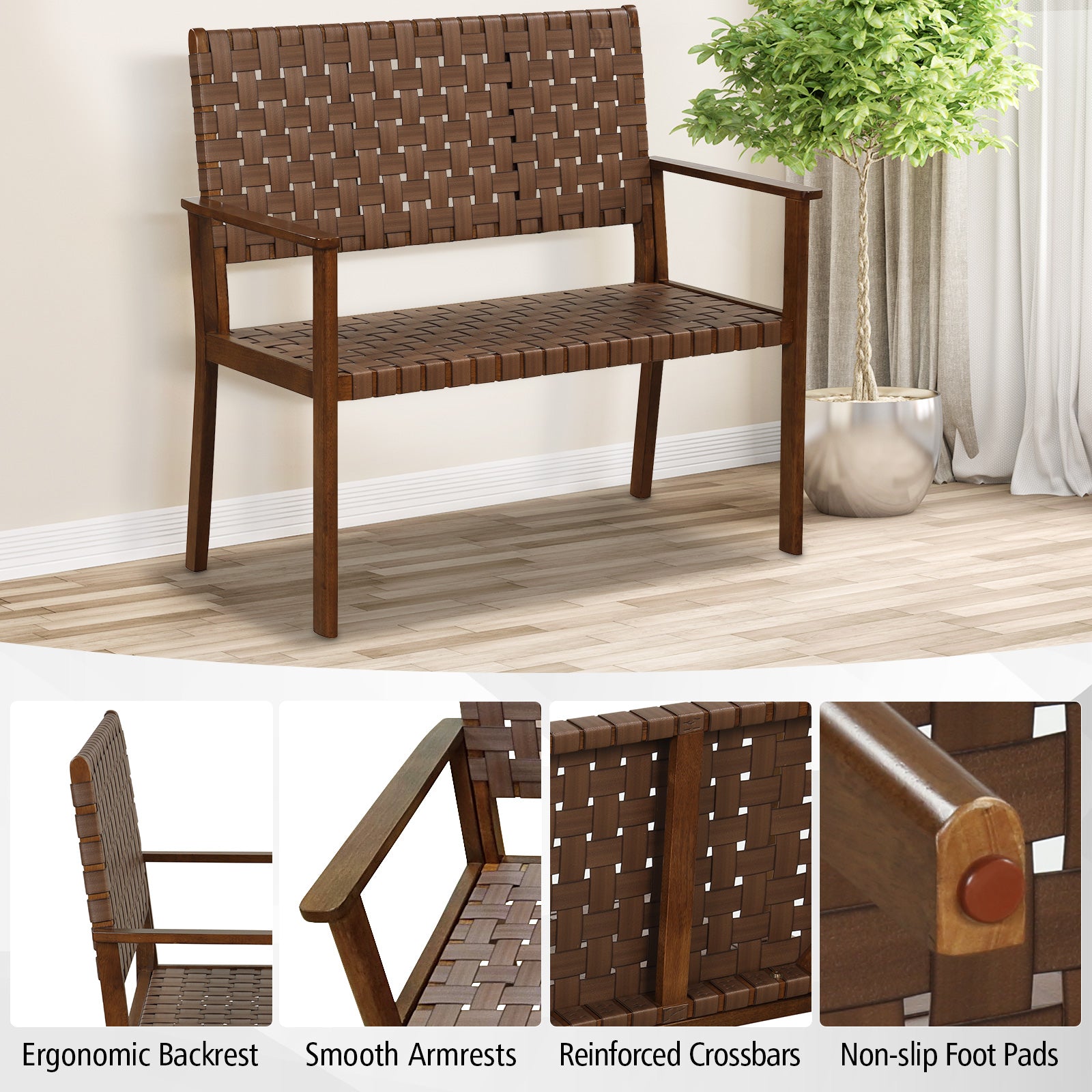Outdoor All Weather Bench, Solid Rubber Wood Frame, Hand Woven PU Leather, Brown Outdoor Benches at Gallery Canada