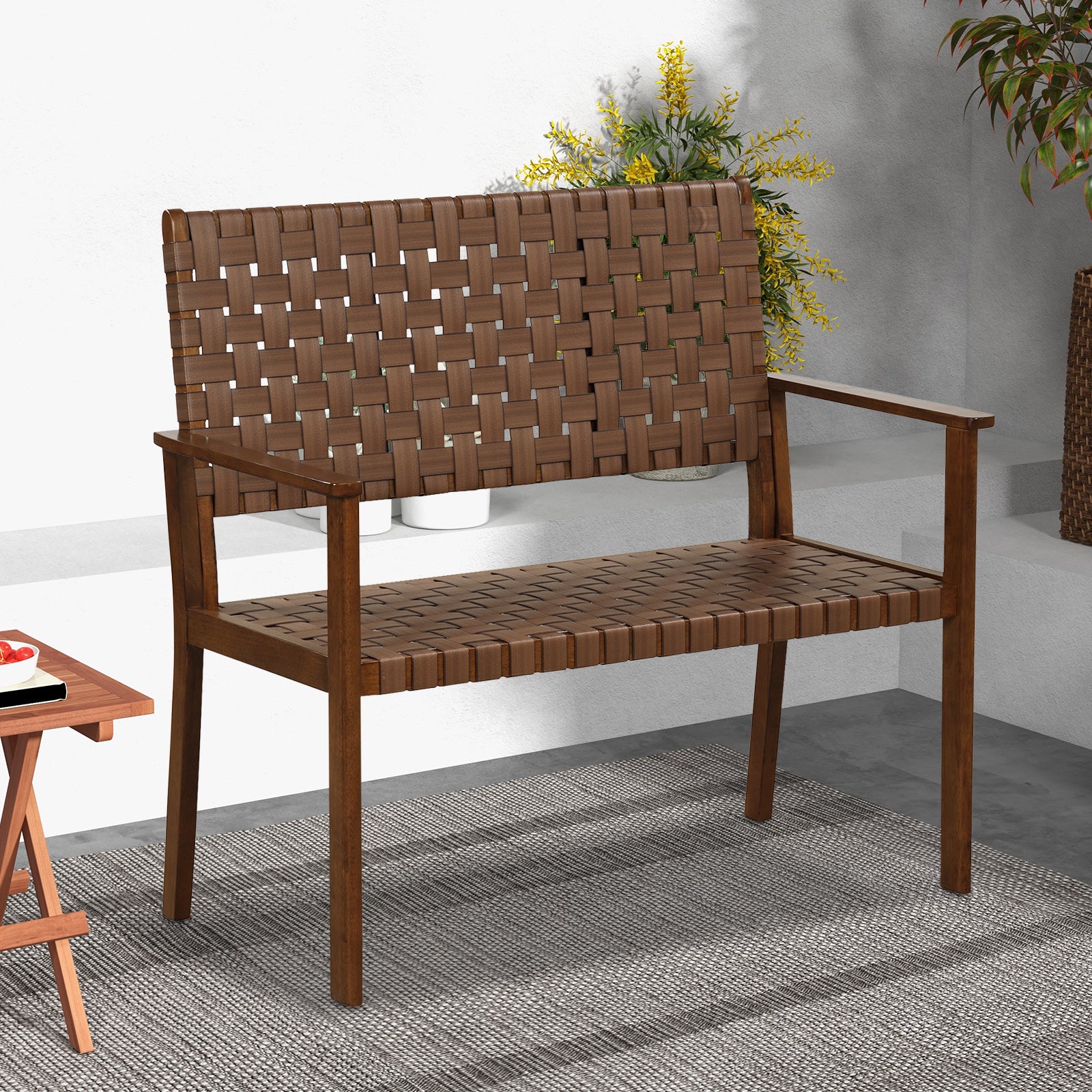 Outdoor All Weather Bench, Solid Rubber Wood Frame, Hand Woven PU Leather, Brown Outdoor Benches at Gallery Canada