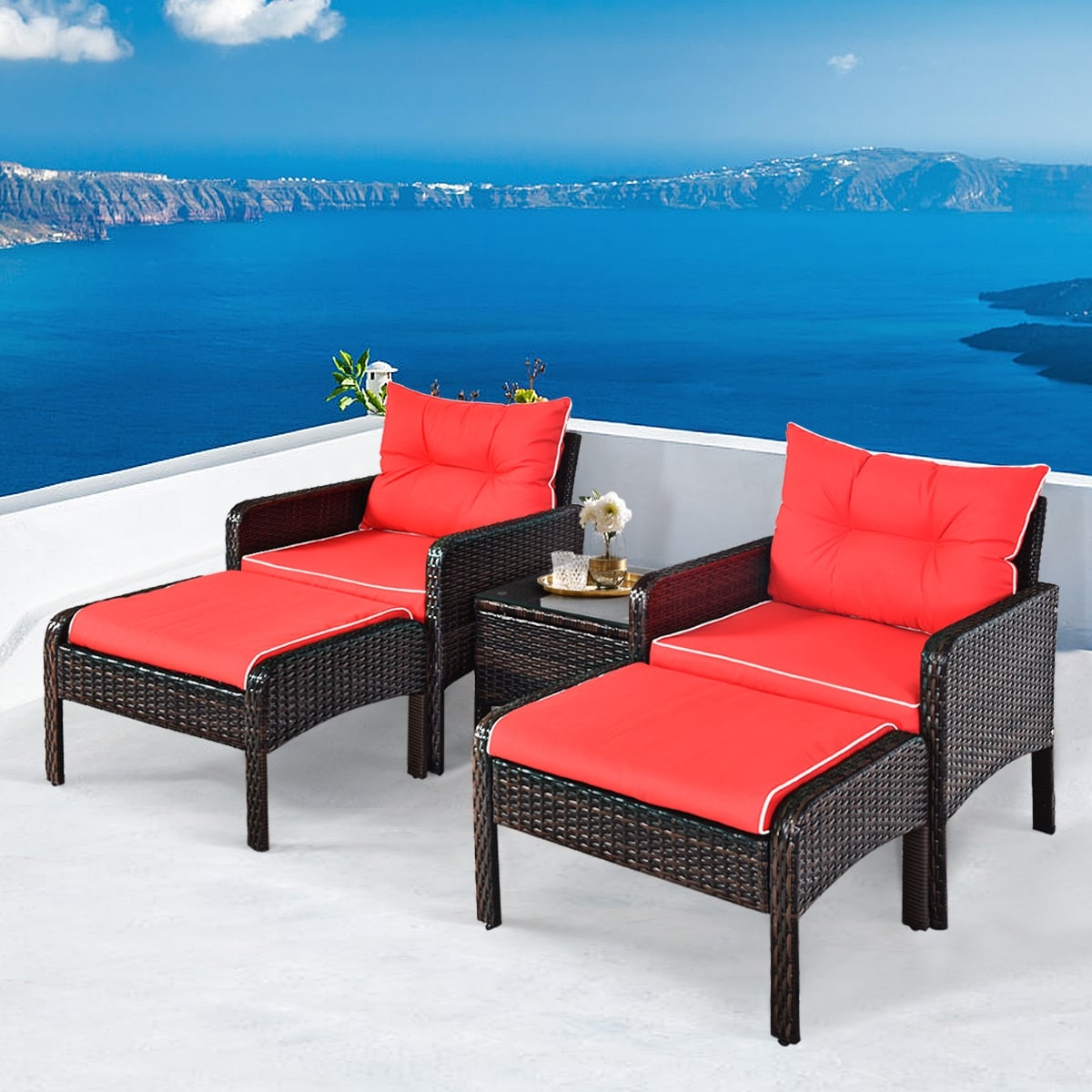 5 Pcs Patio Rattan Sofa Ottoman Set With Cushions, Red Patio Furniture Sets at Gallery Canada