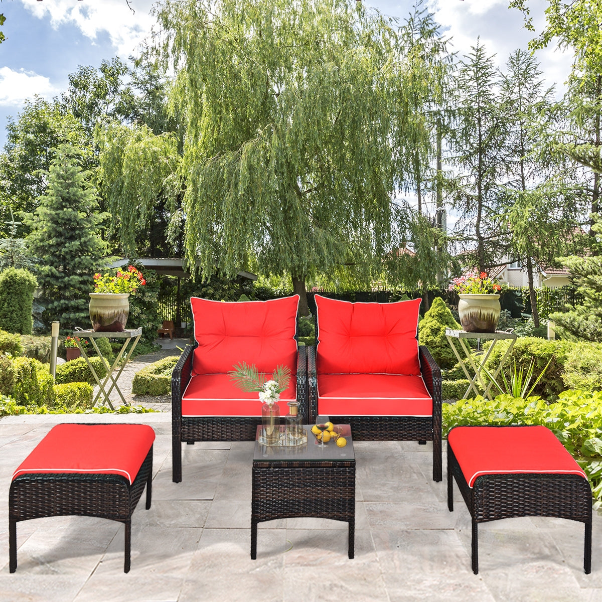 5 Pcs Patio Rattan Sofa Ottoman Set With Cushions, Red Patio Furniture Sets at Gallery Canada