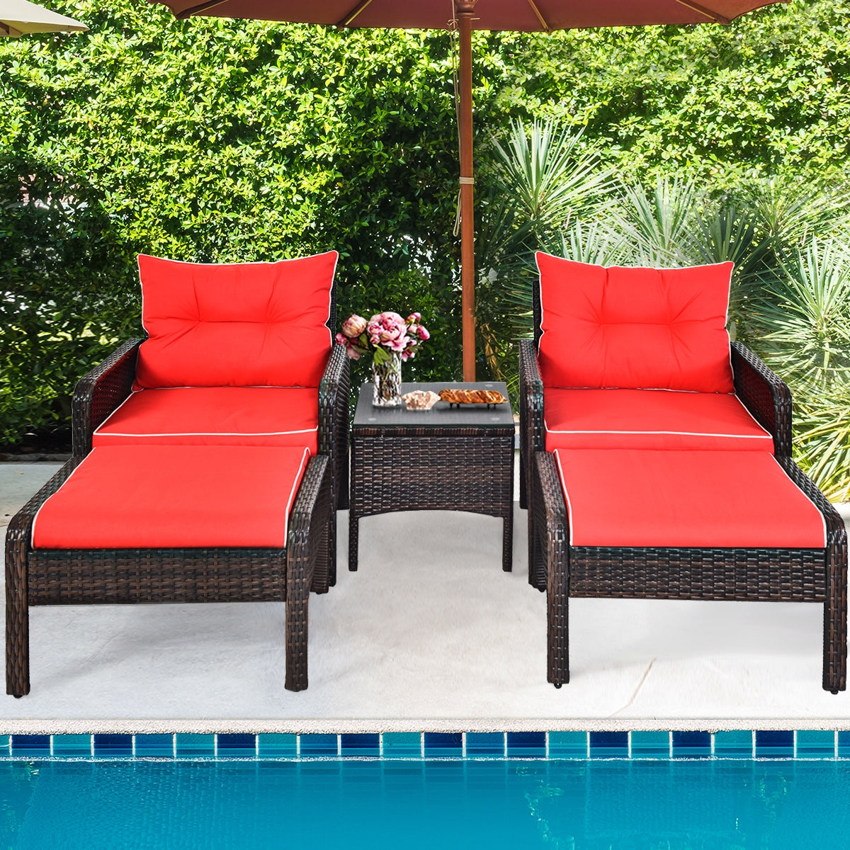 5 Pcs Patio Rattan Sofa Ottoman Set With Cushions, Red Patio Furniture Sets at Gallery Canada