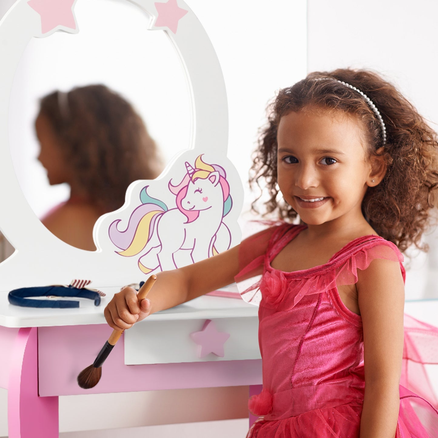 Kids Wooden Makeup Table And Chair Set, With Mirror And Drawer, Pink Kids Vanities at Gallery Canada