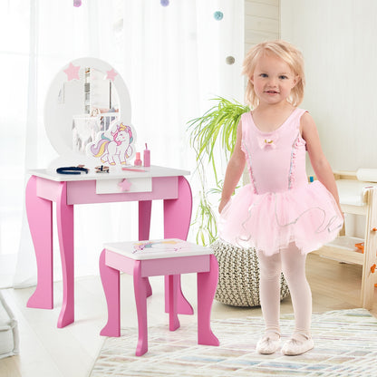 Kids Wooden Makeup Table And Chair Set, With Mirror And Drawer, Pink Kids Vanities at Gallery Canada