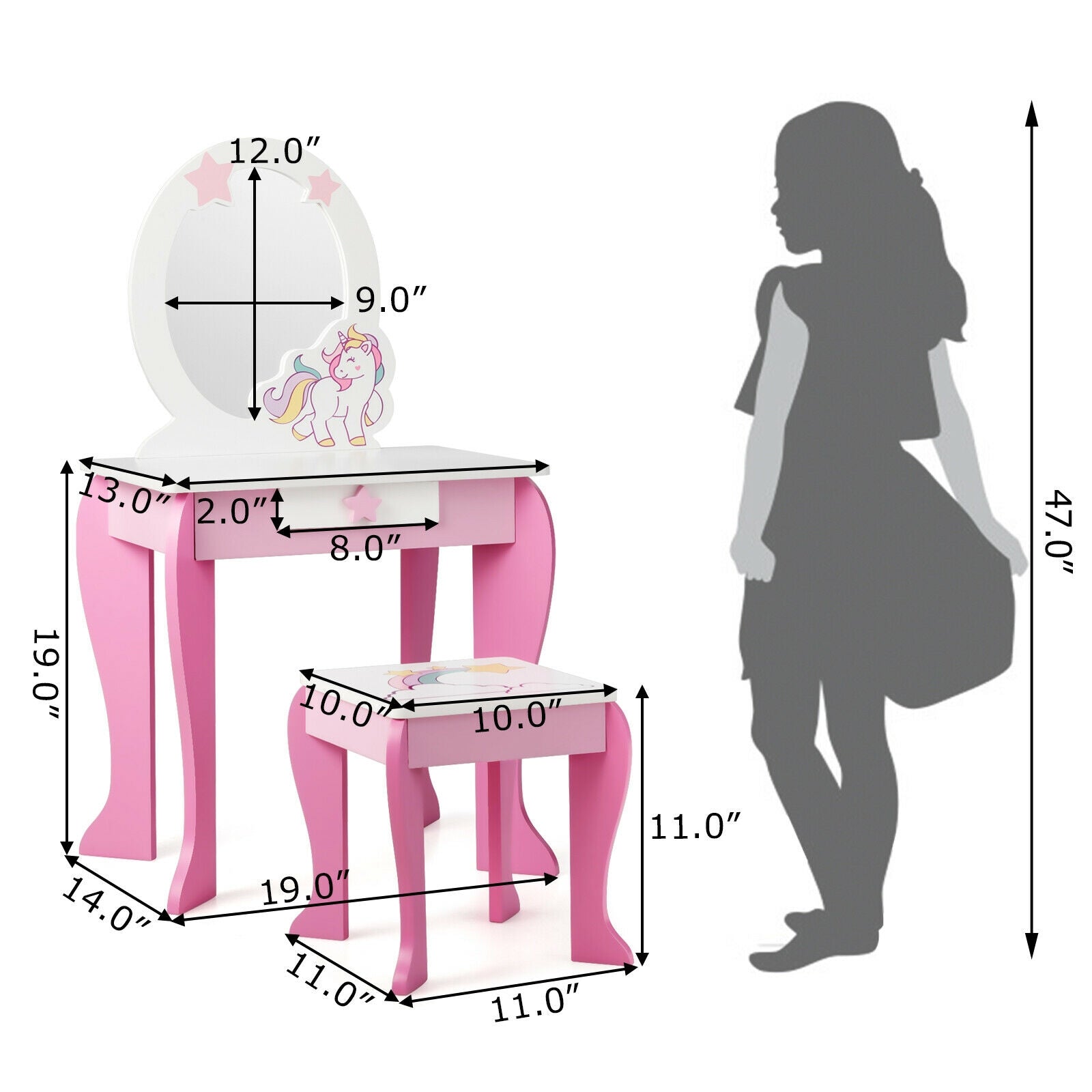 Kids Wooden Makeup Table And Chair Set, With Mirror And Drawer, Pink Kids Vanities at Gallery Canada