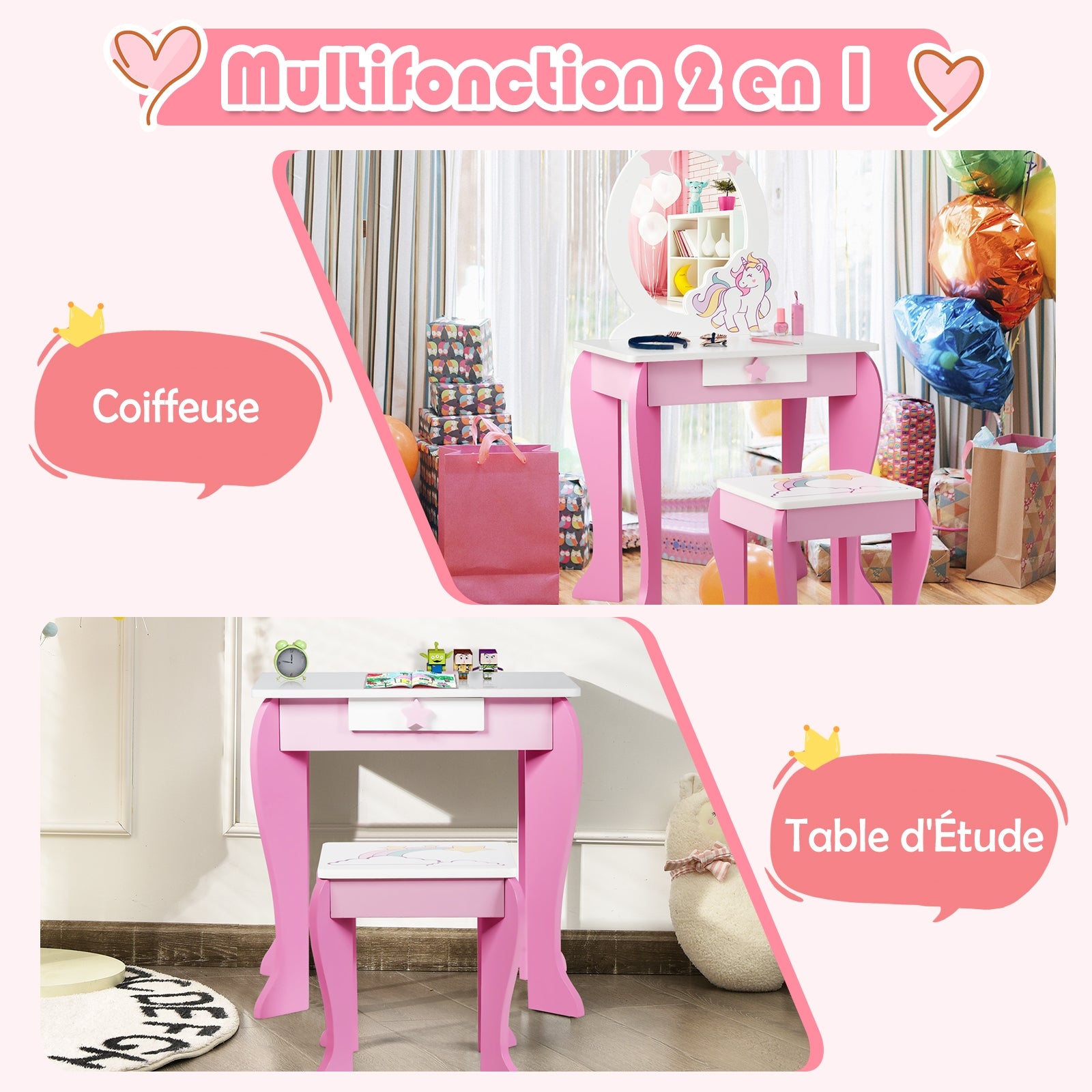 Kids Wooden Makeup Table And Chair Set, With Mirror And Drawer, Pink Kids Vanities at Gallery Canada