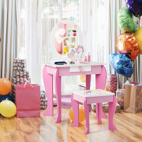 Kids Wooden Makeup Table And Chair Set, With Mirror And Drawer, Pink