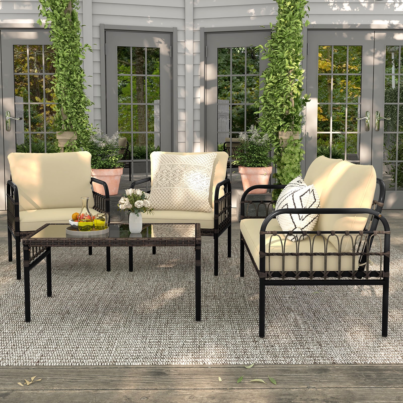 4-Piece Outdoor Wicker Bistro Set, With Cushions And Glass Table, Brown Patio Conversation Sets at Gallery Canada