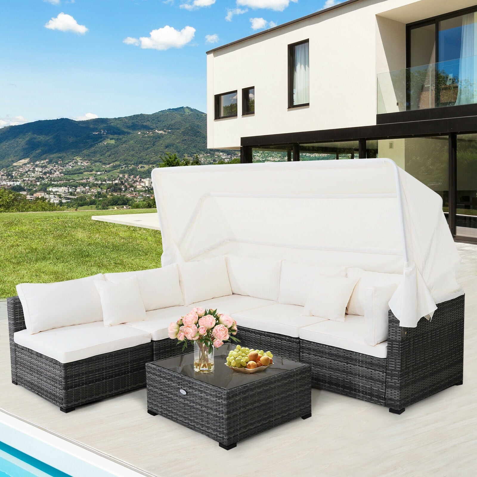 6-Piece Patio Rattan Furniture Set, Retractable Canopy, Gray Outdoor Sectionals at Gallery Canada