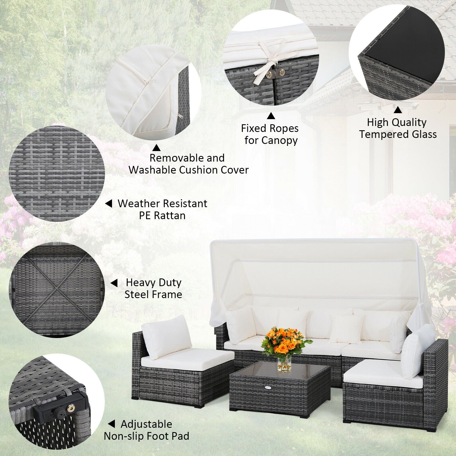 6-Piece Patio Rattan Furniture Set, Retractable Canopy, Gray Outdoor Sectionals at Gallery Canada