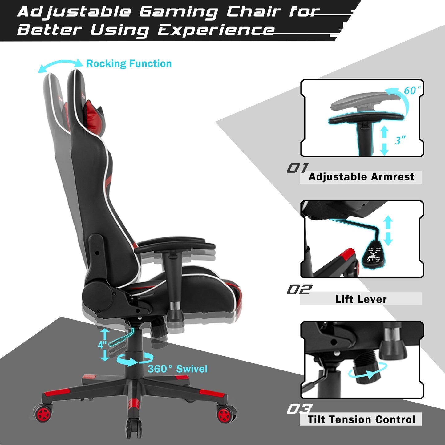 Reclining Swivel Massage Gaming Chair, Lumbar Support, Red Gaming Chairs at Gallery Canada