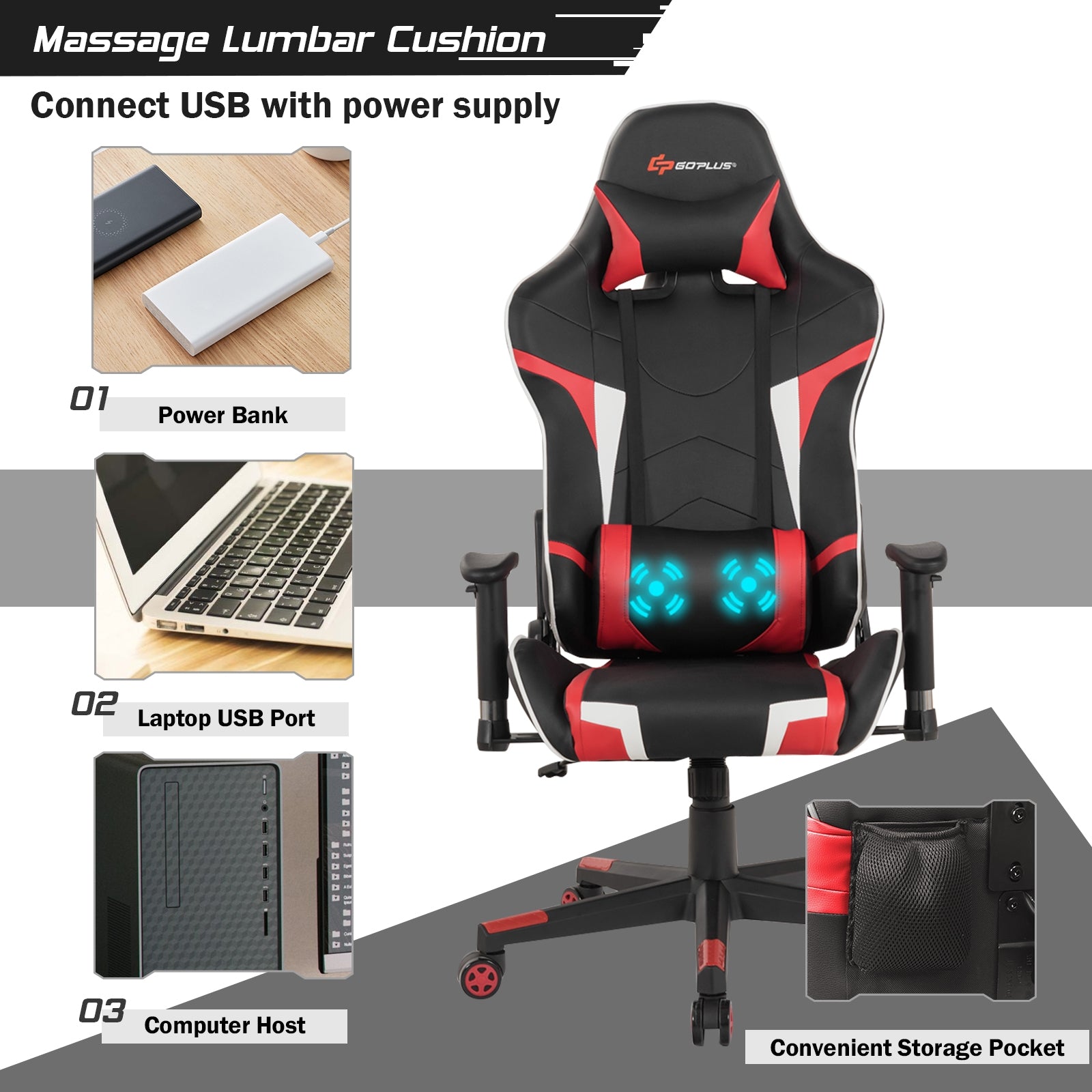 Reclining Swivel Massage Gaming Chair, Lumbar Support, Red Gaming Chairs at Gallery Canada