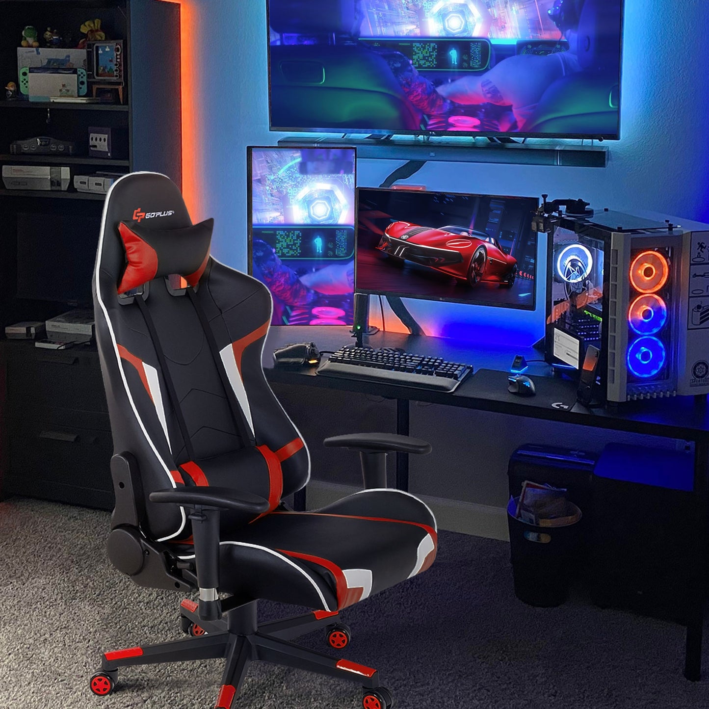 Reclining Swivel Massage Gaming Chair, Lumbar Support, Red Gaming Chairs at Gallery Canada
