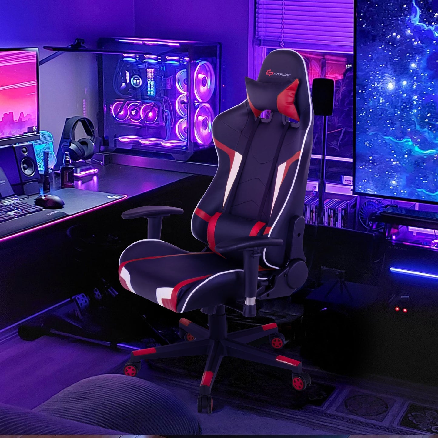 Reclining Swivel Massage Gaming Chair, Lumbar Support, Red Gaming Chairs at Gallery Canada