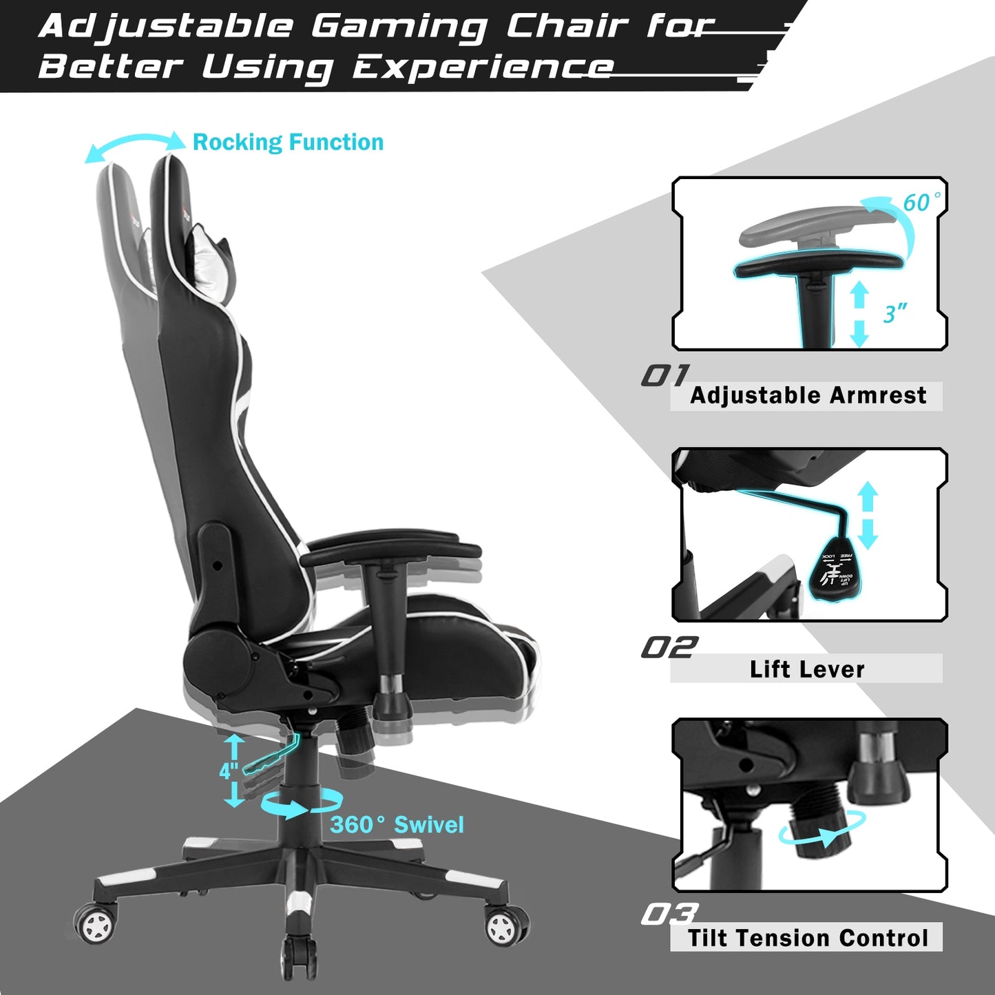 Reclining Swivel Massage Gaming Chair, White Gaming Chairs at Gallery Canada