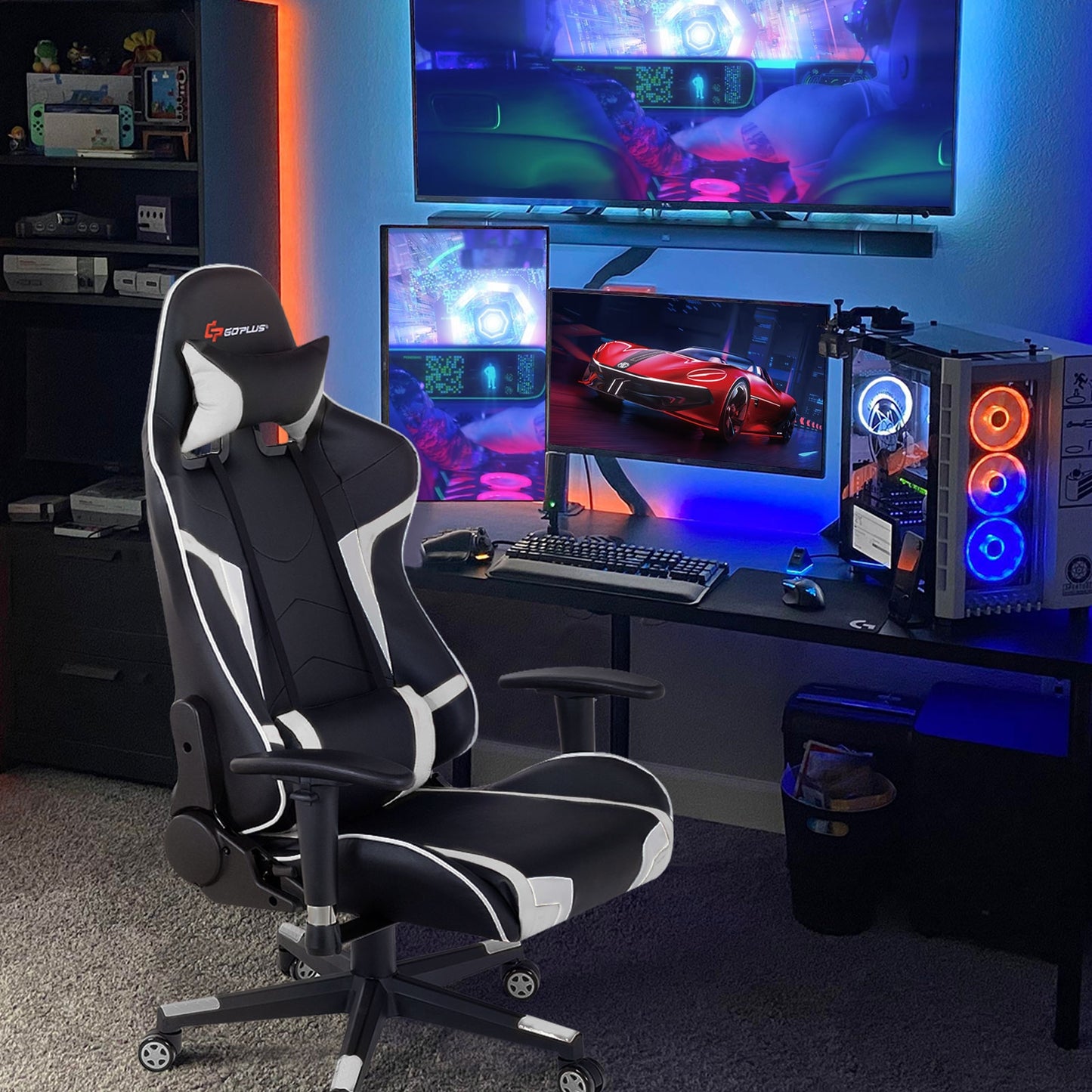Reclining Swivel Massage Gaming Chair, White Gaming Chairs at Gallery Canada