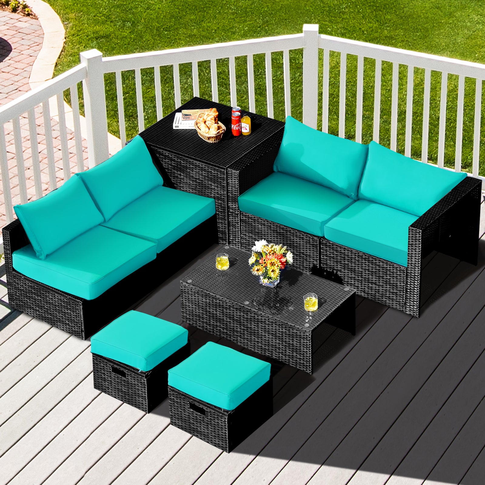 8 Piece Patio Rattan Storage Table Set, Turquoise Outdoor Sectionals at Gallery Canada