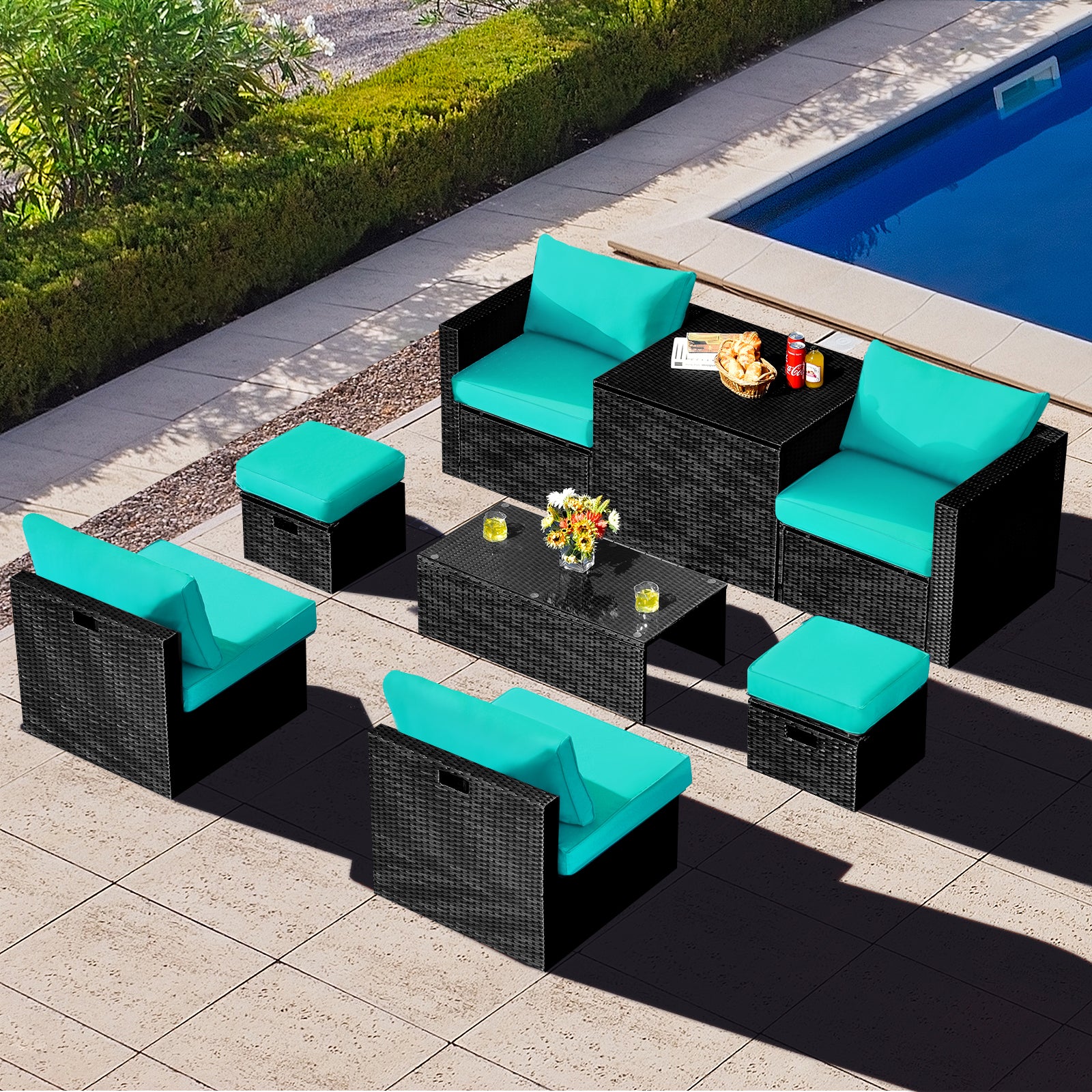 8 Piece Patio Rattan Storage Table Set, Turquoise Outdoor Sectionals at Gallery Canada