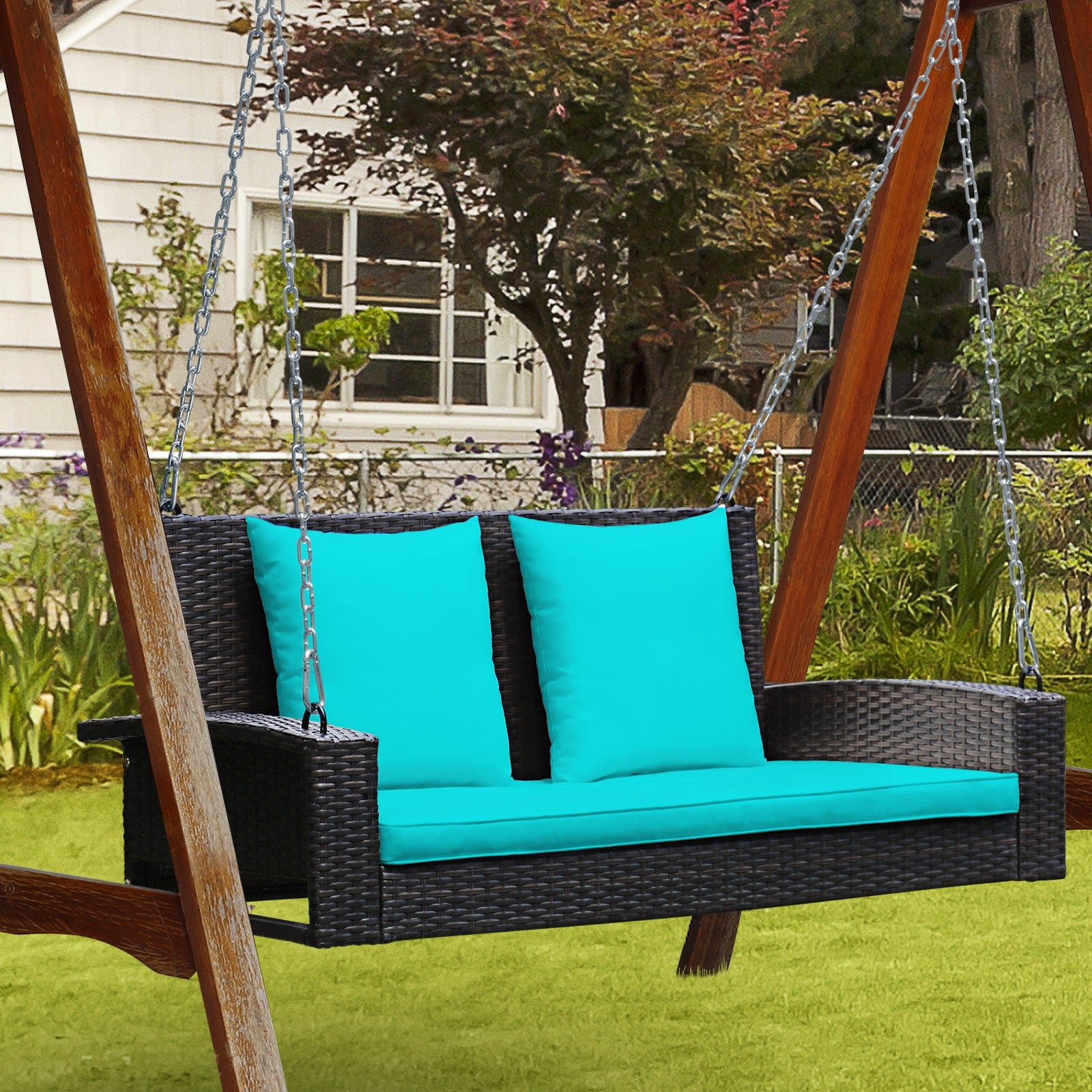 2-Person Rattan Porch Swing With Cushions, Turquoise Porch Swings at Gallery Canada