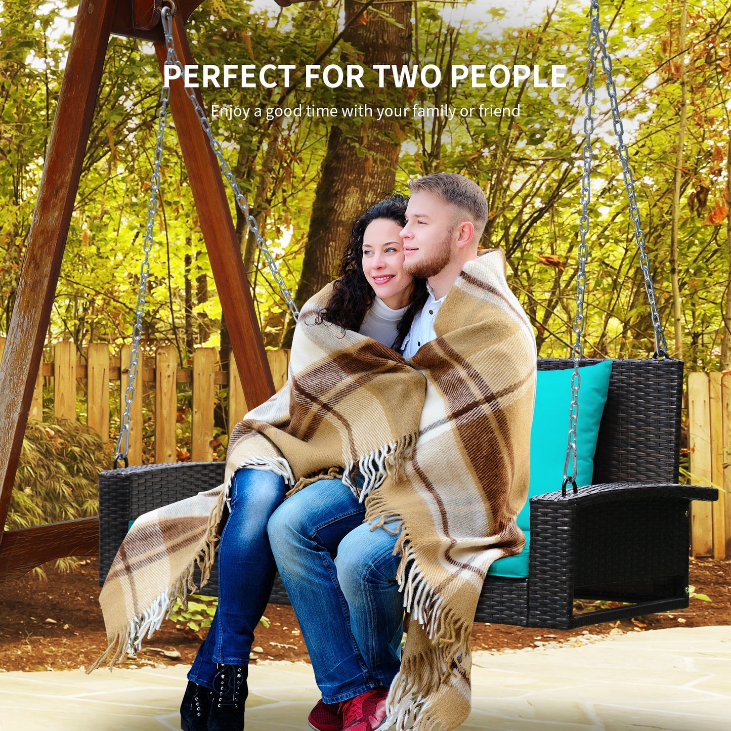 2-Person Rattan Porch Swing With Cushions, Turquoise Porch Swings at Gallery Canada