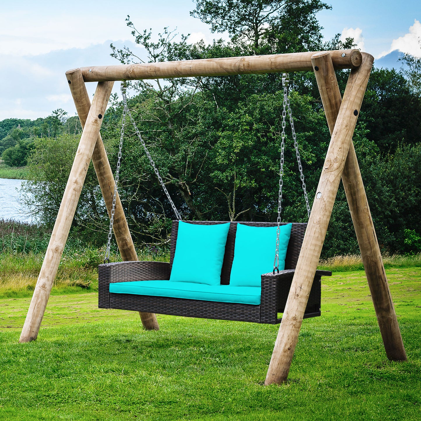 2-Person Rattan Porch Swing With Cushions, Turquoise Porch Swings at Gallery Canada