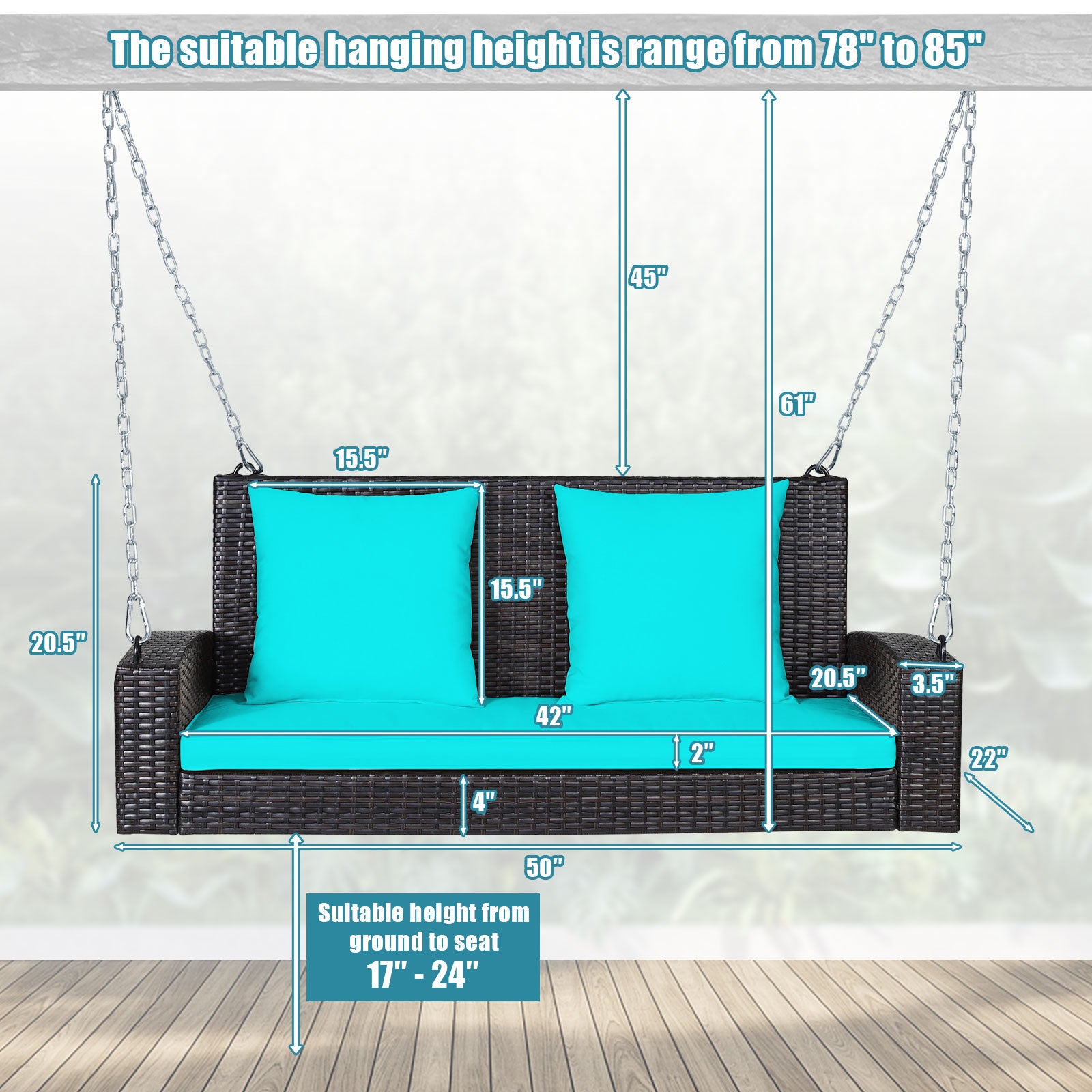 2-Person Rattan Porch Swing With Cushions, Turquoise Porch Swings at Gallery Canada