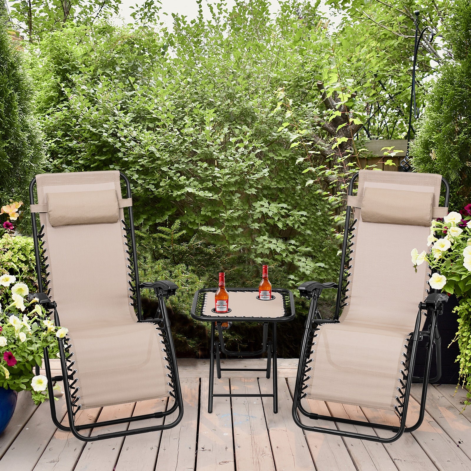 3-Piece Folding Portable Zero Gravity Recliner Chair Set, Beige Patio Conversation Sets at Gallery Canada