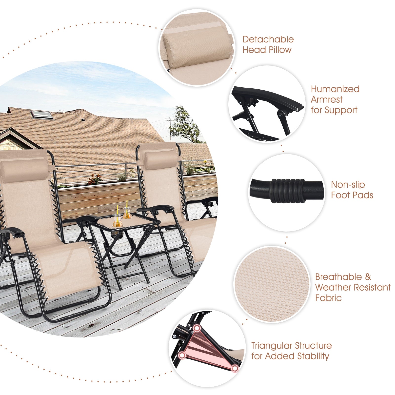 3-Piece Folding Portable Zero Gravity Recliner Chair Set, Beige Patio Conversation Sets at Gallery Canada