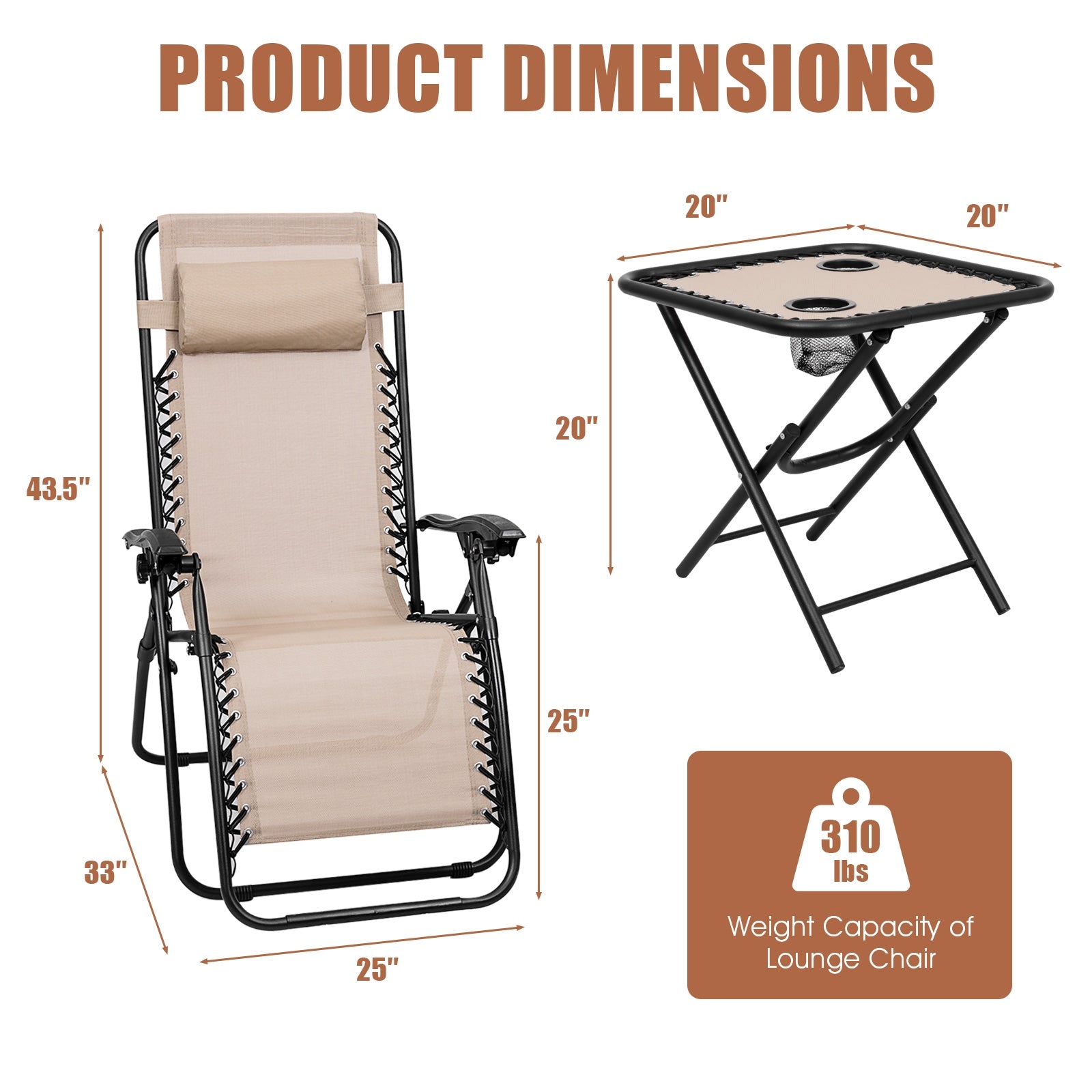 3-Piece Folding Portable Zero Gravity Recliner Chair Set, Beige Patio Conversation Sets at Gallery Canada