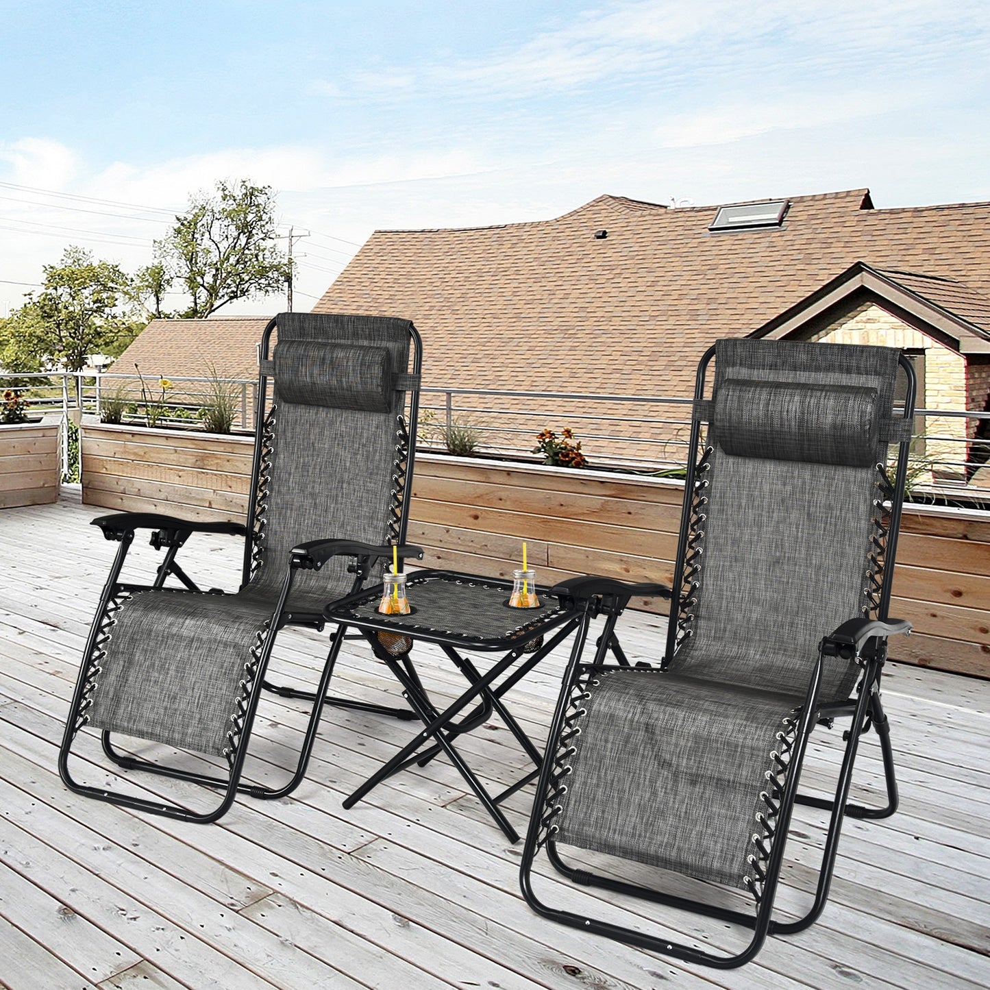 3 Pcs Folding Portable Zero Gravity Reclining Lounge Chairs Table, Gray Patio Conversation Sets at Gallery Canada