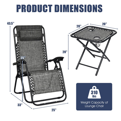 3 Pcs Folding Portable Zero Gravity Reclining Lounge Chairs Table, Gray Patio Conversation Sets at Gallery Canada