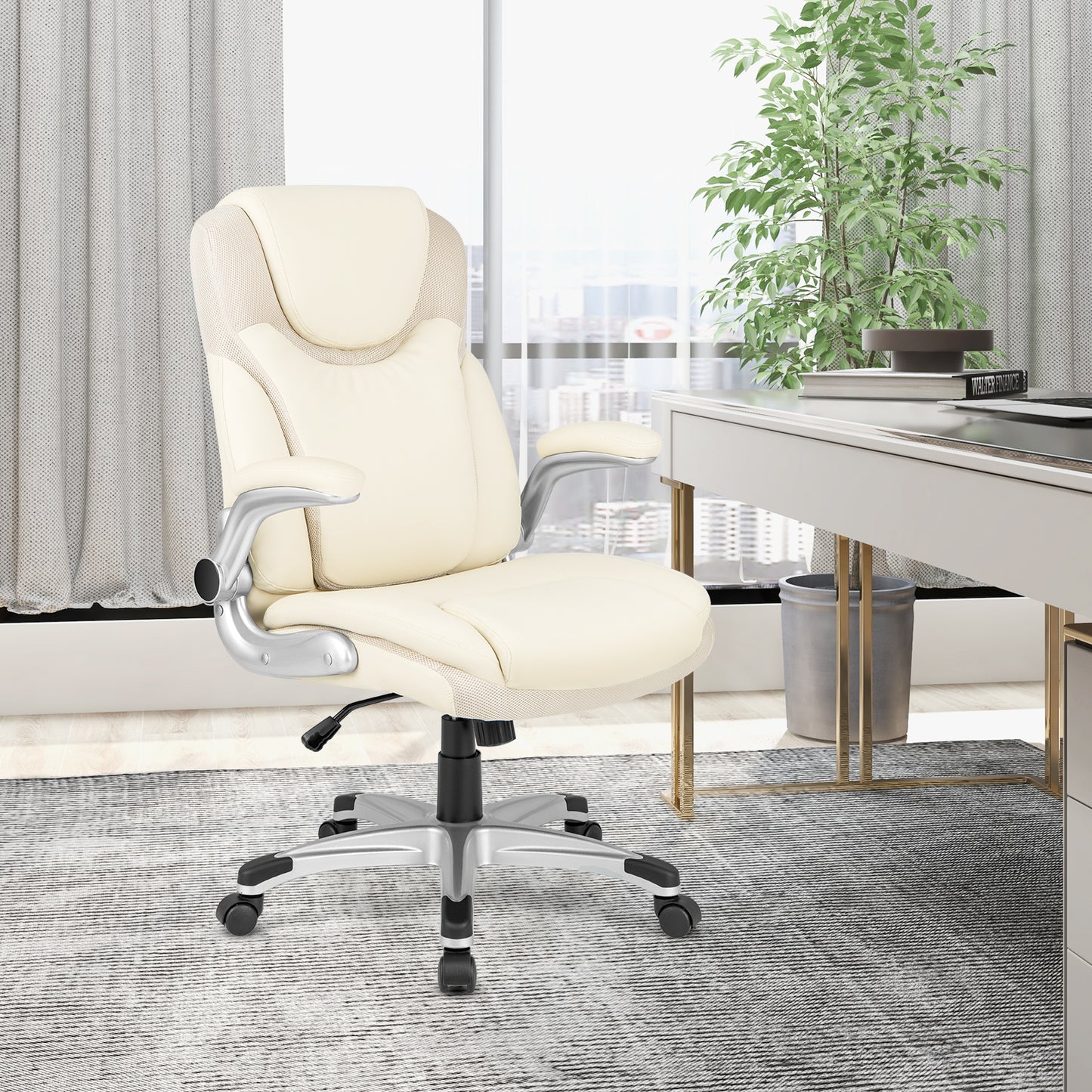 Ergonomic PU Leather Executive Chair, Flip-Up Armrests, Rocking, White Executive Chairs at Gallery Canada