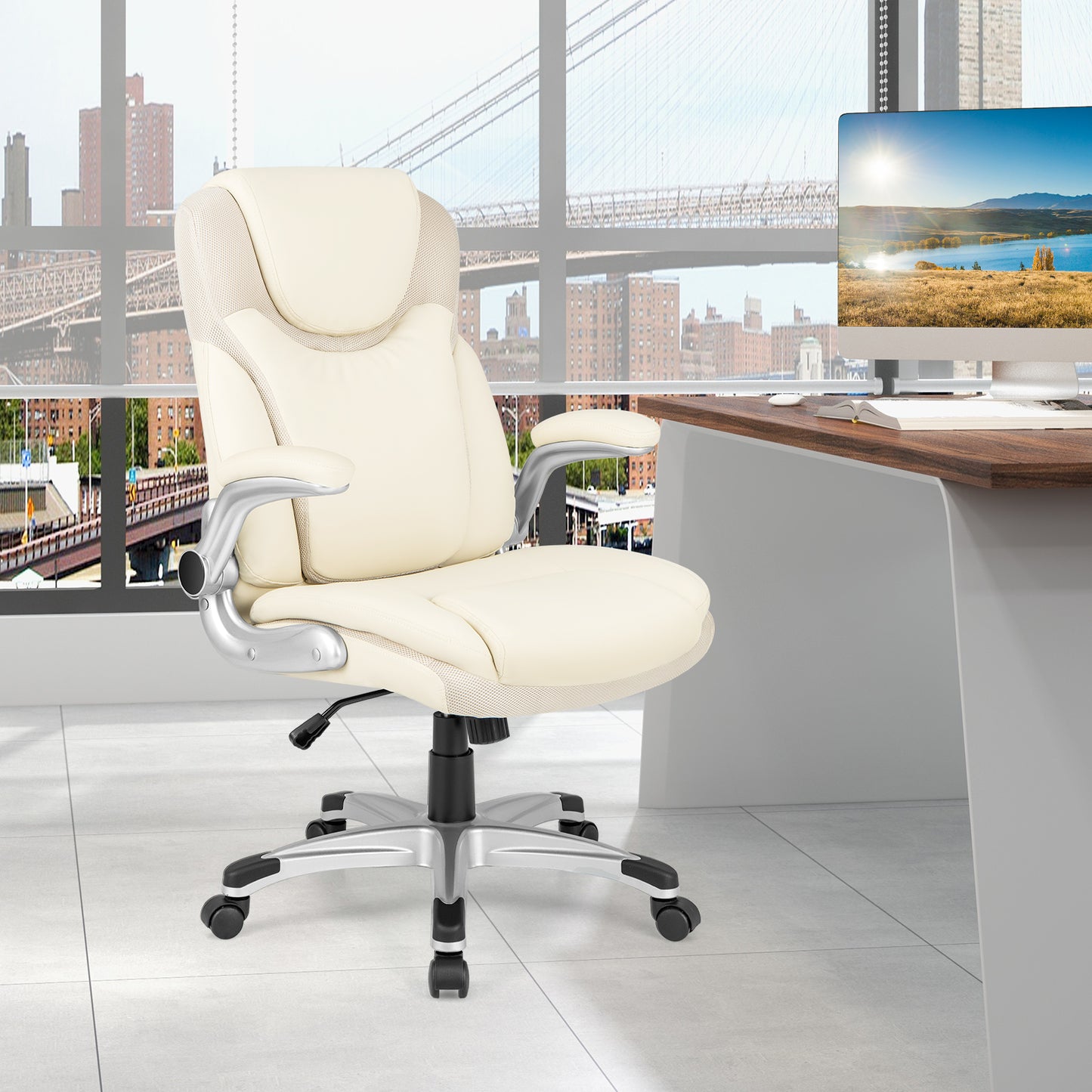 Ergonomic PU Leather Executive Chair, Flip-Up Armrests, Rocking, White Executive Chairs at Gallery Canada