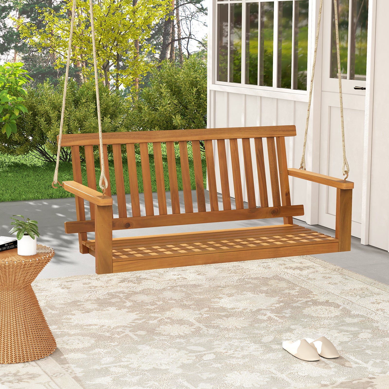2-Seat Acacia Wood Porch Swing Bench, With Hanging Hemp Ropes, Natural Porch Swings at Gallery Canada