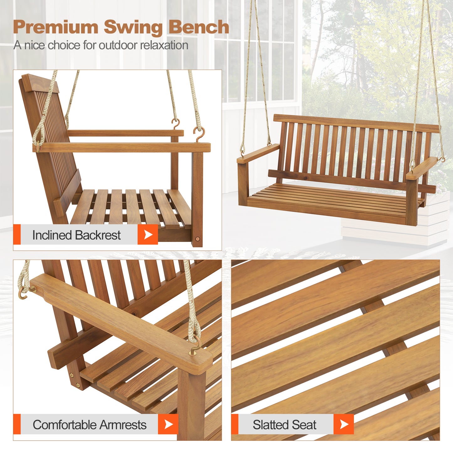 2-Seat Acacia Wood Porch Swing Bench, With Hanging Hemp Ropes, Natural Porch Swings at Gallery Canada