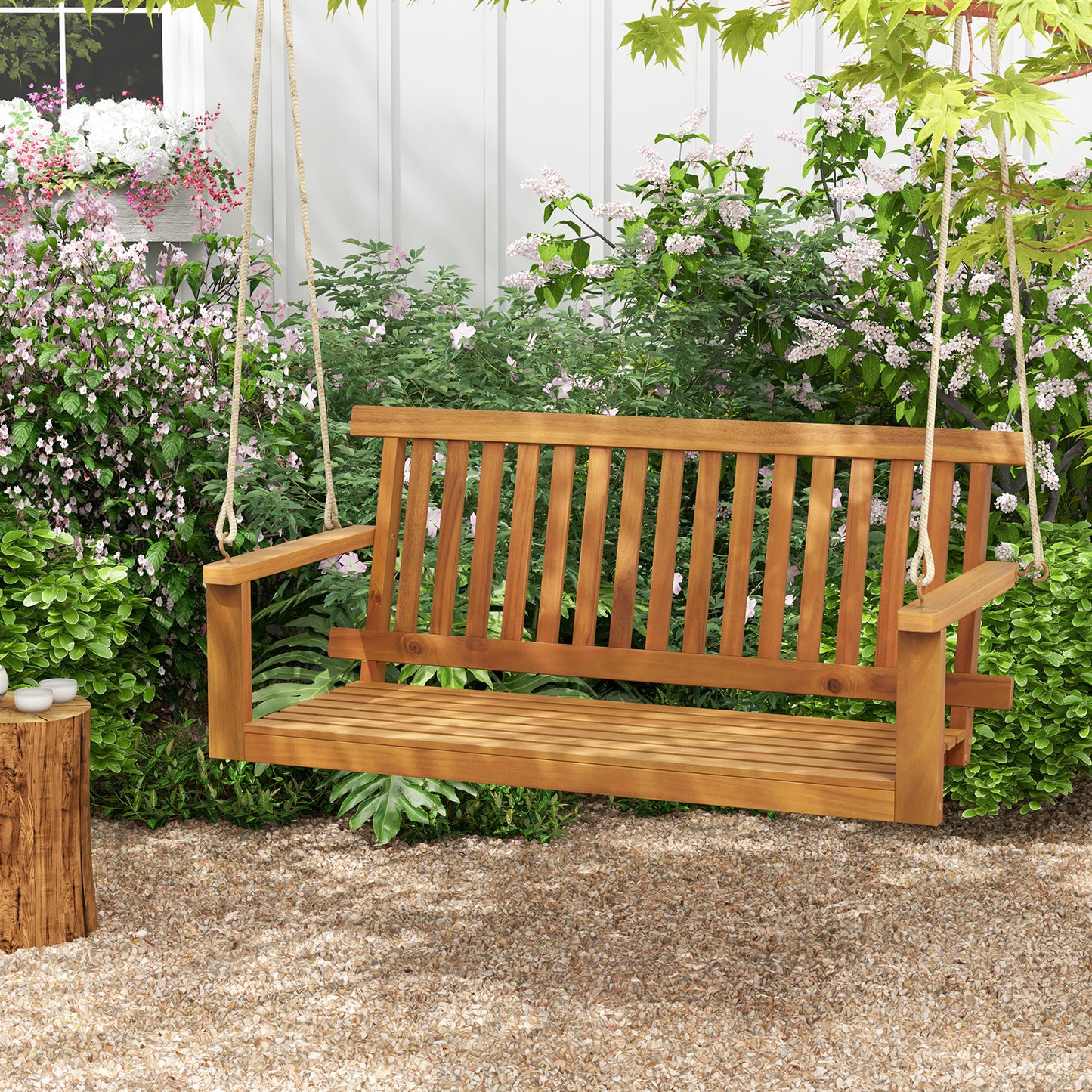 2-Seat Acacia Wood Porch Swing Bench, With Hanging Hemp Ropes, Natural Porch Swings at Gallery Canada
