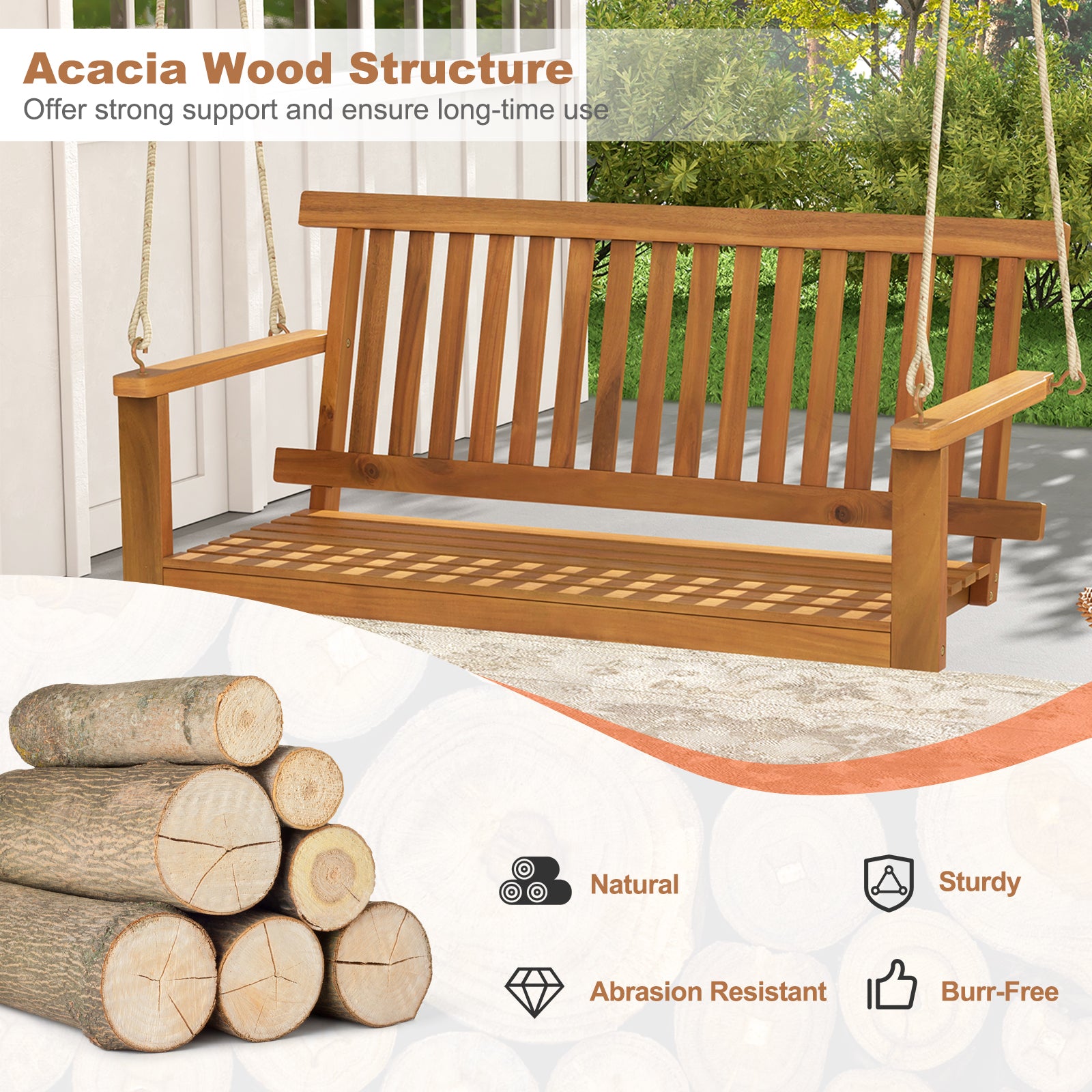 2-Seat Acacia Wood Porch Swing Bench, With Hanging Hemp Ropes, Natural Porch Swings at Gallery Canada